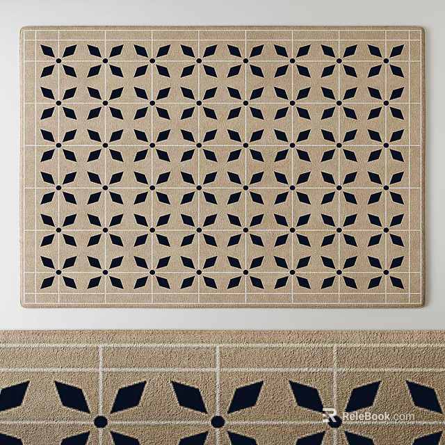 Stylish Square Rug With Beige Background And Black Geometric Repeating Pattern Design 3d model