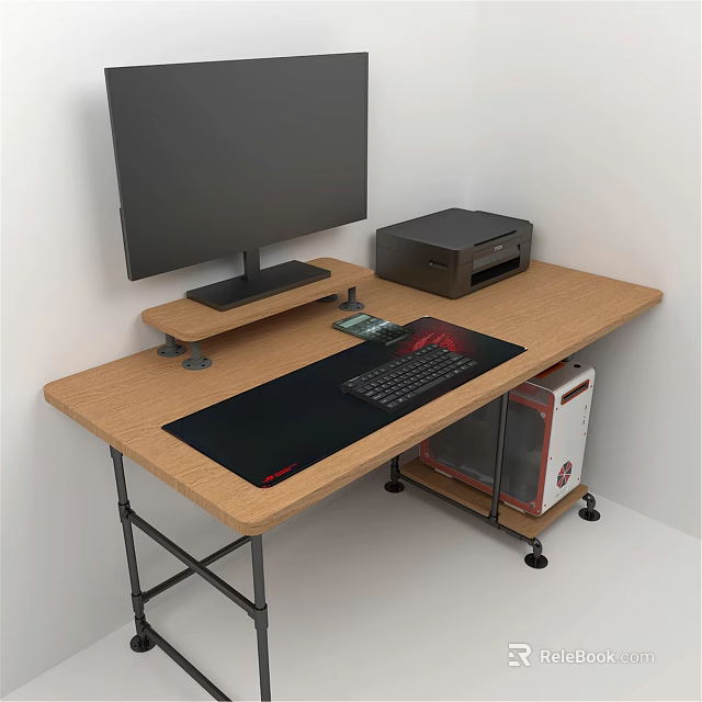 Wooden Office Desk with Monitor Printer Keyboard Mouse Pad and Computer Tower 3d model 