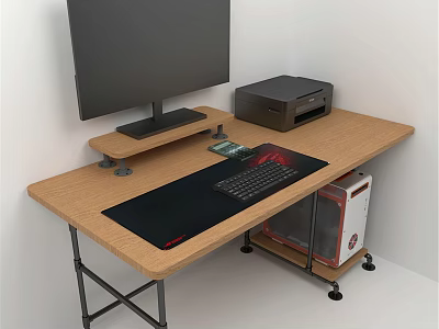 Wooden Office Desk with Monitor Printer Keyboard Mouse Pad and Computer Tower 3d model