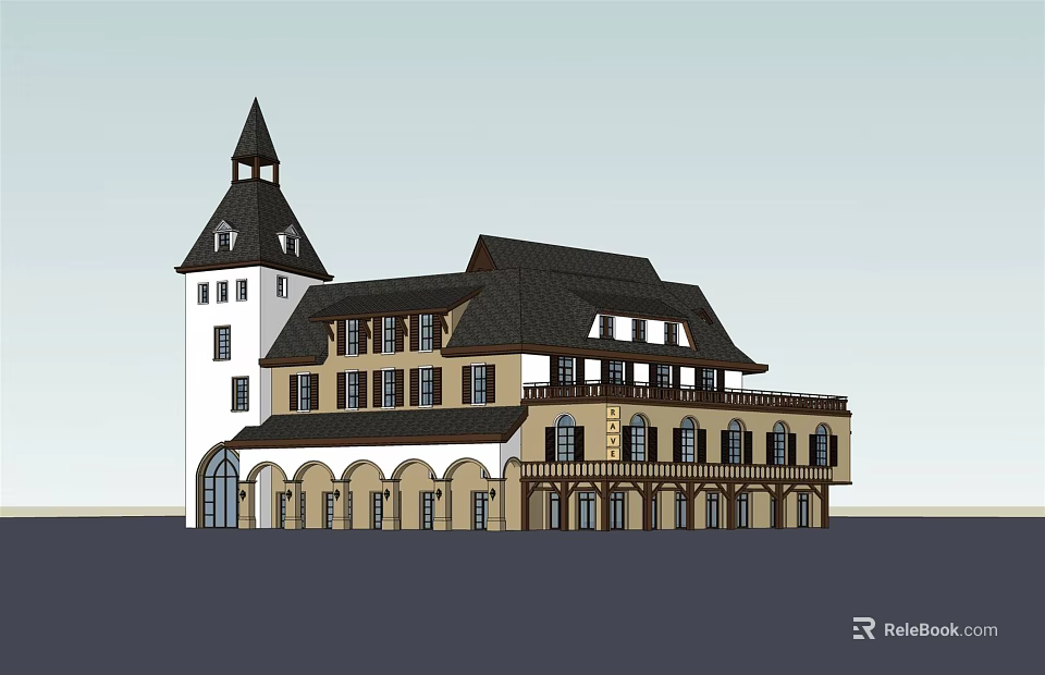 Classical European Style Commercial Complex With Tower Multiple Windows And Arched Balconies 3d model 