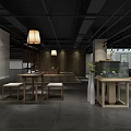 Modern Interior Display Space With Wooden Shelves Long Tables And Stone Decorative Floor