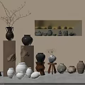 Stylish Interior Display Of Ceramic Vessels With Neutral Tones Various Shapes And Decorative Branches