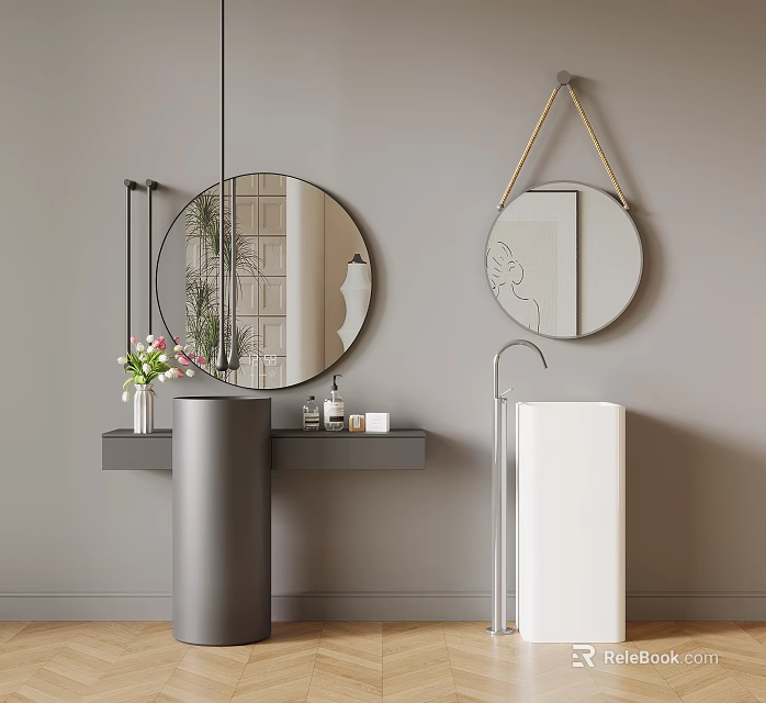 Modern Bathroom With Black And White Freestanding Sinks Two Round Mirrors Gray Wall And Toiletries 3d model 