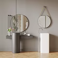 Modern Bathroom With Black And White Freestanding Sinks Two Round Mirrors Gray Wall And Toiletries