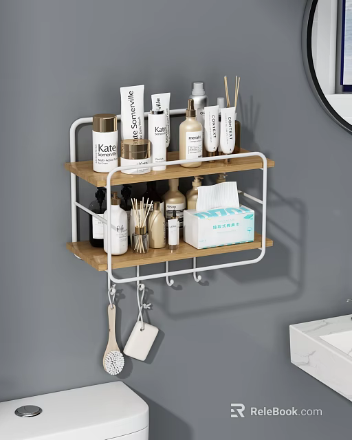 Modern Bathroom Shelf With Two Tier Design And Hooks Organizing Toiletries Skincare Products And Tissue 3d model 