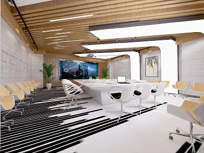 Modern Conference Room Interior With Wooden Ceiling Large Display White Table And Yellow Chairs 3d model