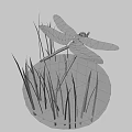 Blue and Black Dragonfly Perched on Branch with Green Reeds and Water Surface