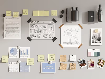 Creative Design Workspace With Hand Drawn Sketches Charts Sticky Notes Photos And Stationery 3d model