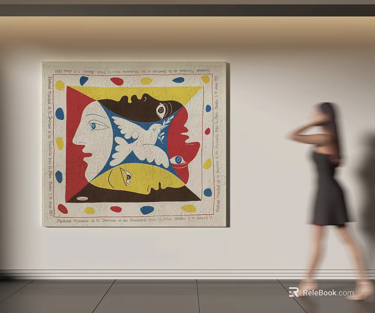Vibrant Abstract Painting With Geometric Shapes Abstract Faces And Colorful Dots On Wall 3d model 