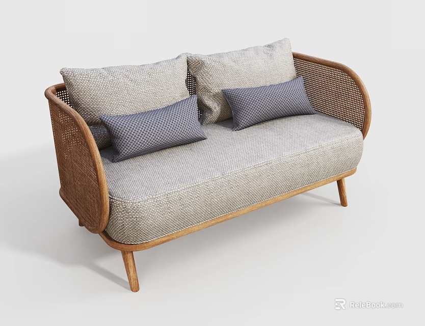 Rattan Frame Light Gray Sofa With Wooden Legs And Blue Decorative Pillows 3d model 