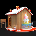 Festive Christmas House with Snow Covered Roof Gifts Snowman and Decorative Signboard