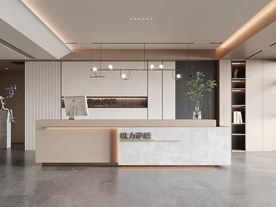 Modern Reception Area Front Desk Design With Pendant Lights And Green Plant Decor 3d model