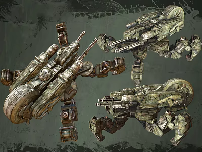 Futuristic Mechanical Weapons With Complex Metallic Structures Multiple Barrels And Detailed Mechanical Legs 3d model