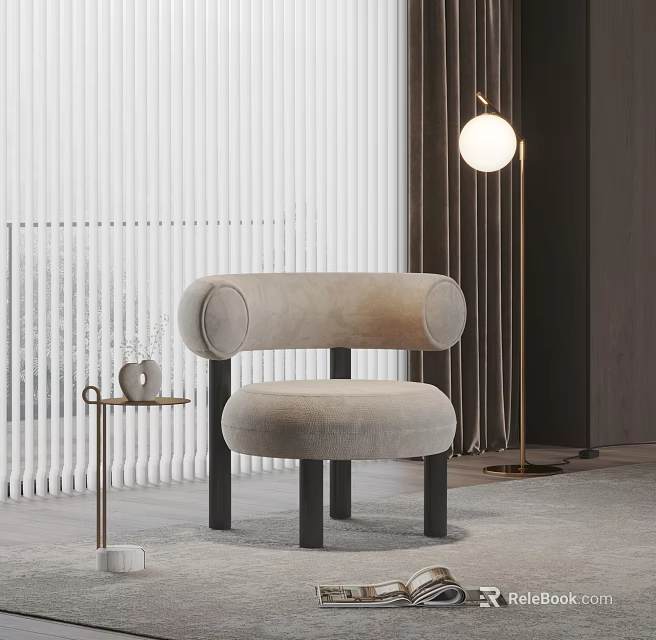 Plush Beige Leisure Chair With Rounded Armrests Black Legs And Modern Floor Lamp 3d model 