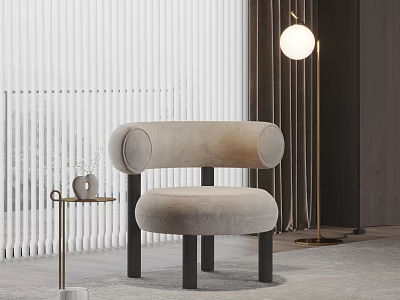 Plush Beige Leisure Chair With Rounded Armrests Black Legs And Modern Floor Lamp 3d model