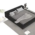 Black Double Bed with Gray Bedding Pillows Side Table Rabbit Decor and Potted Plant 3d model
