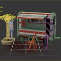 Street Food Cart With Red White Striped Awning Palm Tree And Wooden Chair Setup