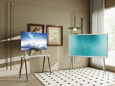 Two Modern TVs With Scenic View And Time Display In Stylish Living Room 3d model