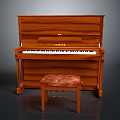 Upright Wooden Piano With Matching Velvet Upholstered Stool And Brown Finish