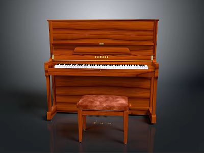 Upright Wooden Piano With Matching Velvet Upholstered Stool And Brown Finish 3d model