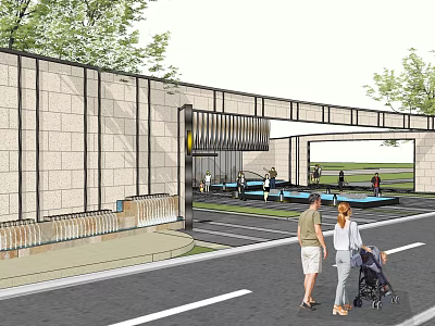 Modern Entrance Gate With Stone Wall And Metal Structure Near Street With People Walking 3d model