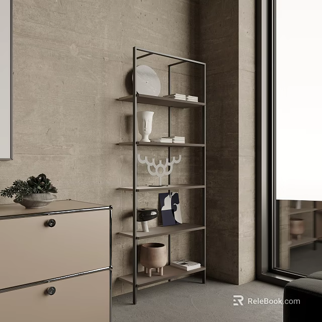 Modern Metal Storage Shelf With Multiple Tiers Decorative Items And Green Plant On Gray Wall 3d model 