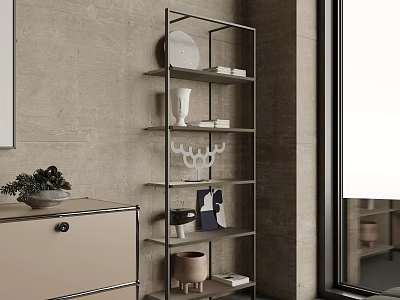 Modern Metal Storage Shelf With Multiple Tiers Decorative Items And Green Plant On Gray Wall 3d model