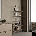Modern Metal Storage Shelf With Multiple Tiers Decorative Items And Green Plant On Gray Wall