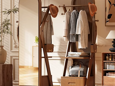 Wooden Mirror With Coat Rack Hanging Hats And Clothes In Interior 3d model