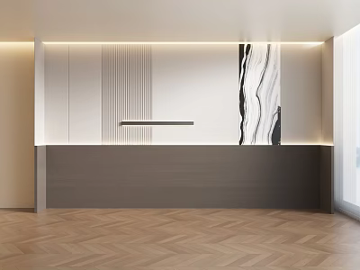 Modern Office Reception Area With Minimalist Desk Art Wall And Herringbone Floor 3d model