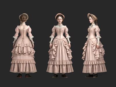 Woman In Vintage Pink Ruffled Dress With Bonnet Three Views Front Back Side 3d model