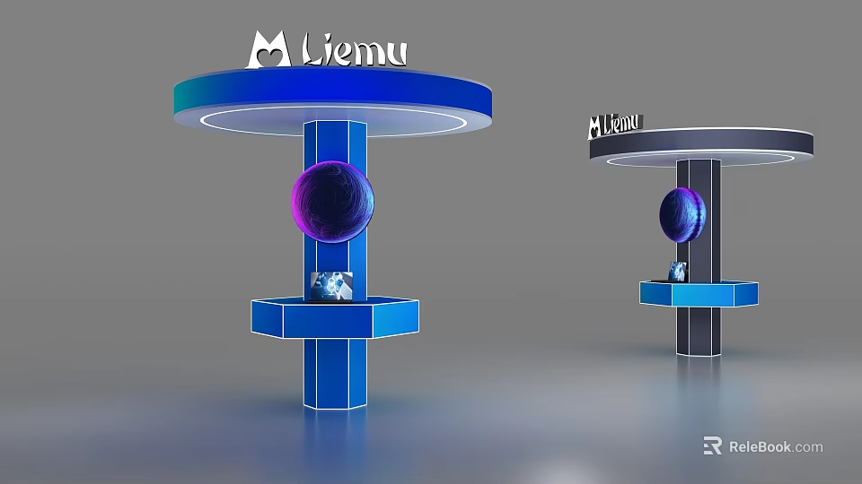 Liemu Brand Display Shelves with Blue and Gray Design Purple Sphere and Bottom Platform 3d model 