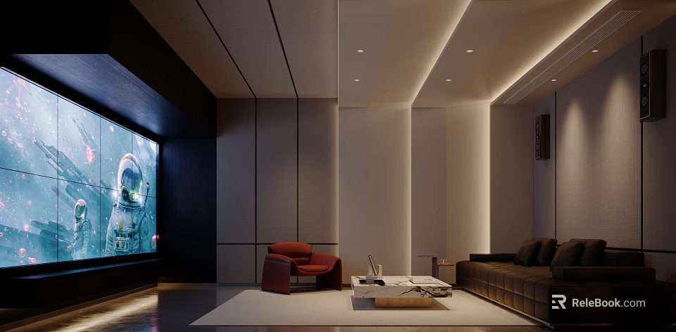 Modern Home Theater Interior Design With Large Screen TV Red Armchair And Brown Sofa 3d model 