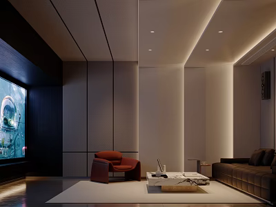 Modern Home Theater Interior Design With Large Screen TV Red Armchair And Brown Sofa 3d model