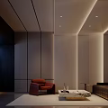 Modern Home Theater Interior Design With Large Screen TV Red Armchair And Brown Sofa