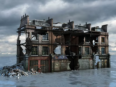 Ruined Building Structure With Brick Walls Collapsed Floors Broken Windows And Debris Piles 3d model