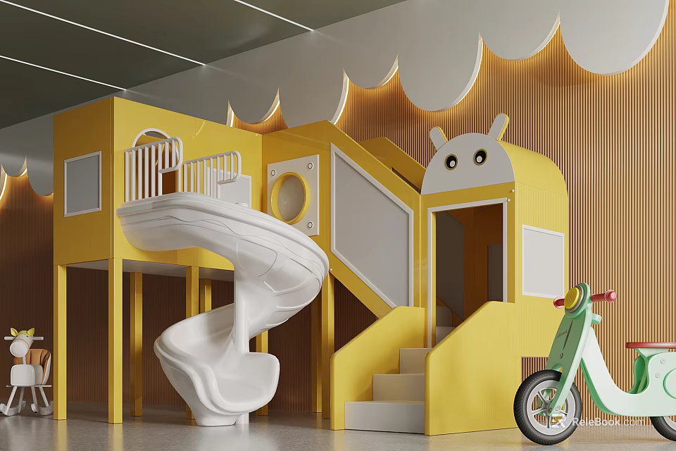 Colorful Children's Play Area With Yellow Cartoon Style Structure Spiral Slide And Green Tricycle 3d model 