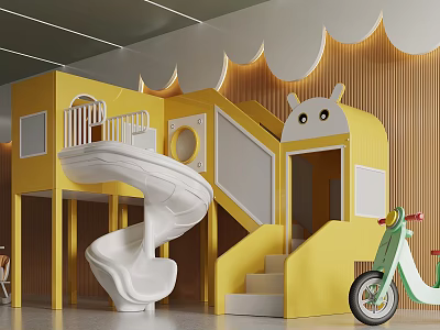 Colorful Children's Play Area With Yellow Cartoon Style Structure Spiral Slide And Green Tricycle 3d model