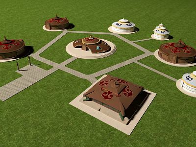 Traditional Brown And White Yurts On Green Grassland With Red Tops And Pathways 3d model