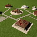 Traditional Brown And White Yurts On Green Grassland With Red Tops And Pathways