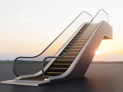 Modern Escalator With Metal Handrails And Yellow Steps Against Sunset Background 3d model