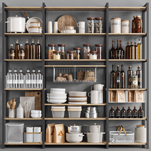 Organized Kitchenware Storage Shelves With Jars Bottles Plates Mugs Bowls Pots And Baskets 3d model 