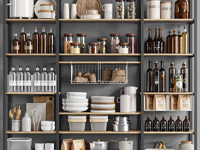 Organized Kitchenware Storage Shelves With Jars Bottles Plates Mugs Bowls Pots And Baskets 3d model