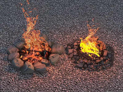 Outdoor Burning Bonfire Pits With Large Stones And Small Stones On Gravel Ground 3d model