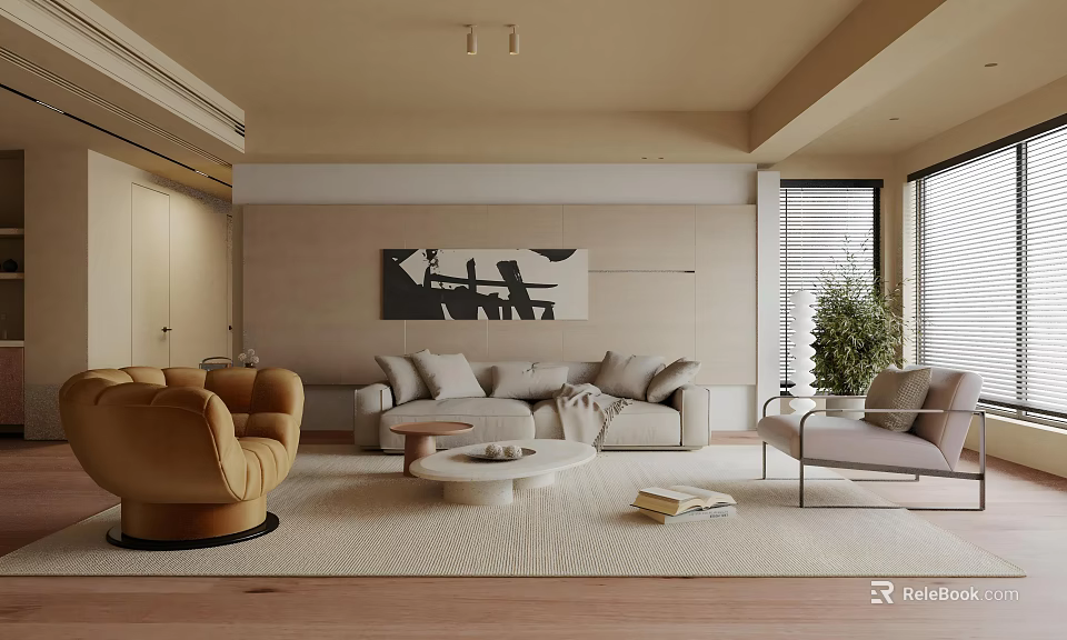 Modern Living Room Interior Design With Beige Sofa Brown Armchair And Round Coffee Table 3d model 