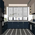 Modern Kitchen Interior With Dark Cabinets Stainless Steel Appliances And Geometric Floor