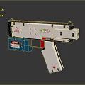 Pistol Style Weapon With White Body Blue Components And Red Warning Labels 3d model