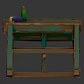 Wooden Table And Bench Set Featuring Green Wood Grain With Blue Box And Green Bottle