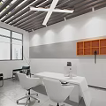 Modern Office Interior With White Desk Orange Bookshelf Computer Chairs And Windows
