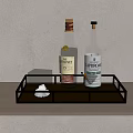 Wooden Storage Shelf Featuring Metal Tray Crystal Decanter Liquor Bottles and Wine Glasses